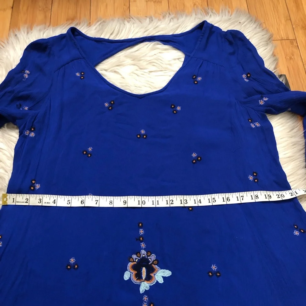 Free People Oxford Babydoll Embroidered Bell Sleeves Cobalt Blue Swing Dress M